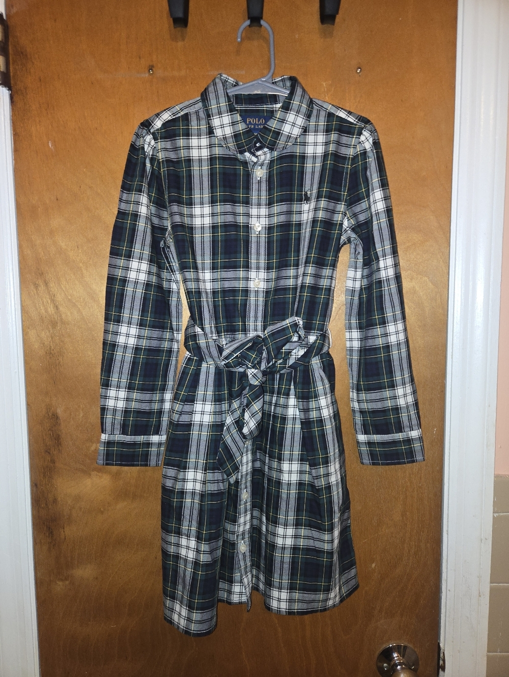 NWT Polo by Ralph Lauren Green Plaid Shirt Dress with Tie Waist 100% Cotton